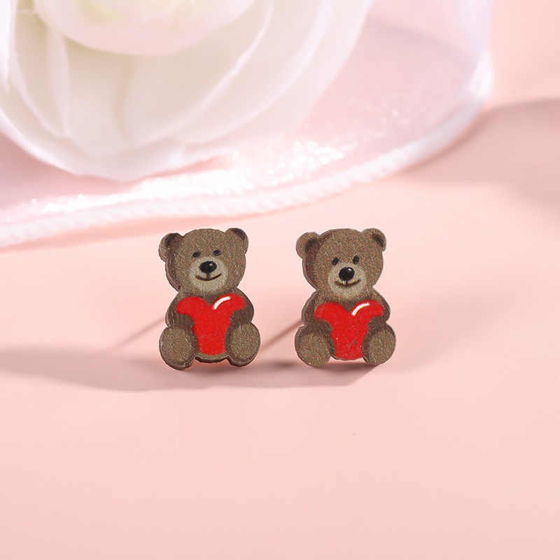 6 Pairs Women's Fashion Cartoon Bear & Rose Stud Earrings